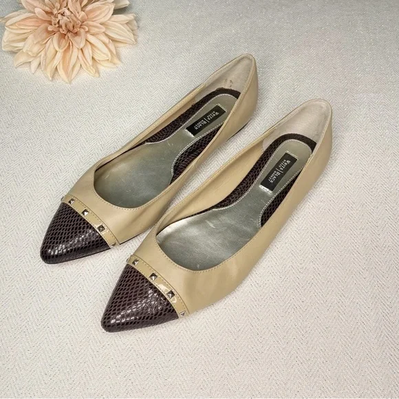 White House Black Market Tan Snakeskin Leather Pointy Toe Flats Shoes 8.5 - Picture 3 of 10